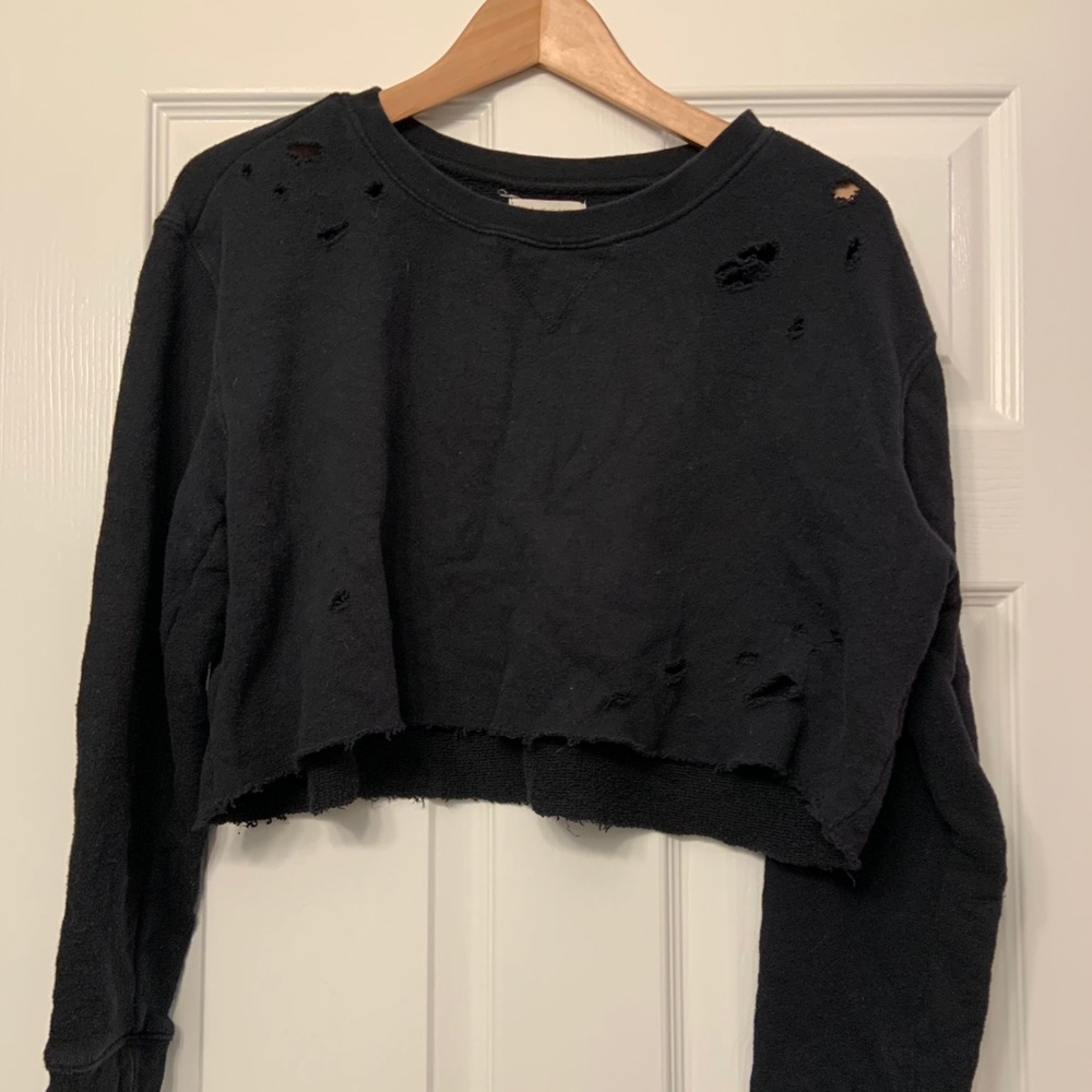 Black Ripped Cropped Crewneck